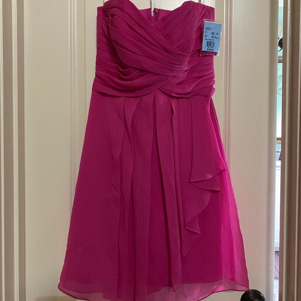 David’s Bridal, hot pink, short bridesmaid dress.